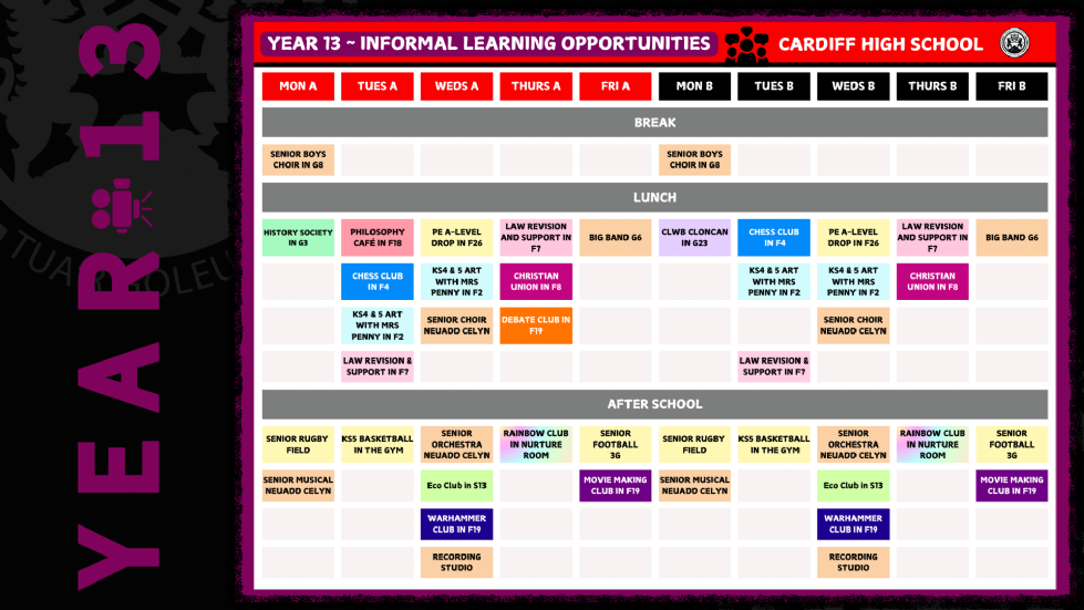 Year 13 Extra Curricular Activities list 2025